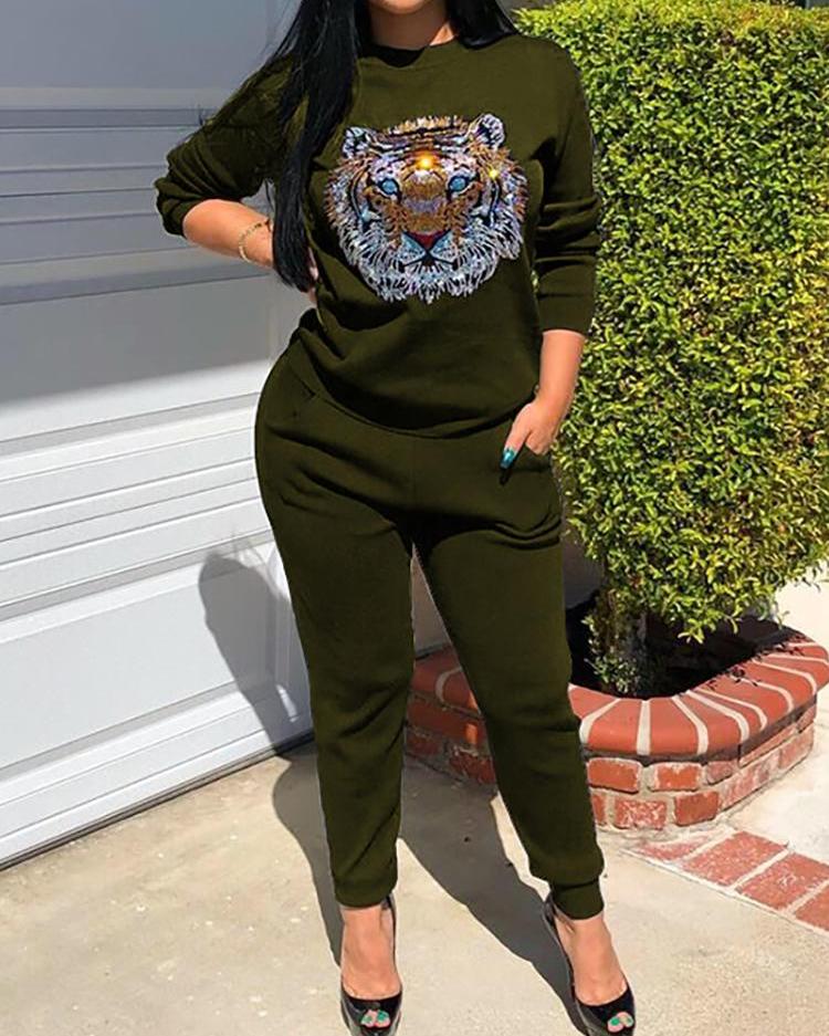 

Tiger Pattern Long Sleeve Sweatshirt & Pants Set, Army green