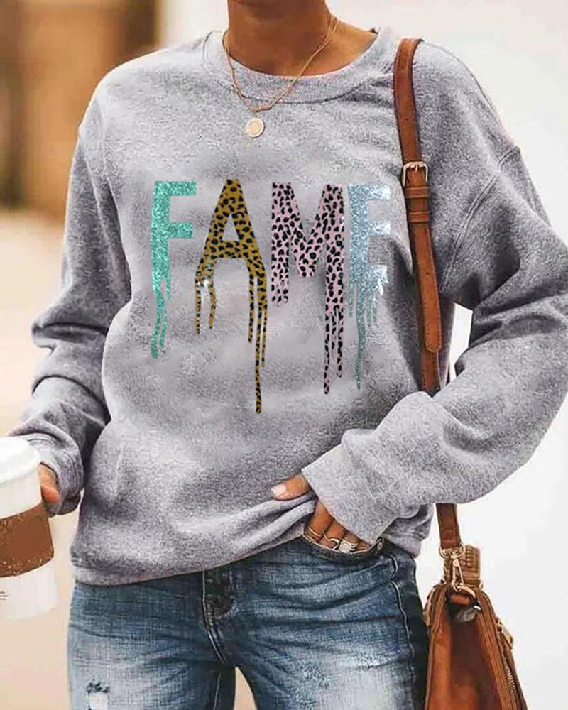 

Letter Cheetah Print Long Sleeve Casual Sweatshirt, Gray