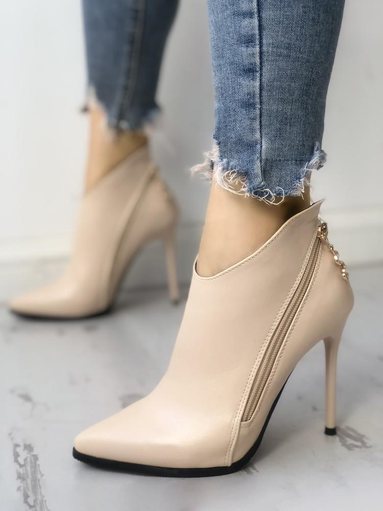 

Solid Zipper Design Pointed Toe Thin Heels, Apricot