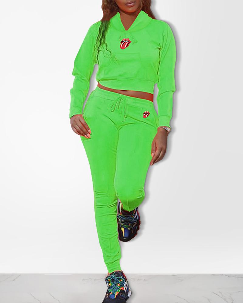 

Hooded Mouth Pattern Drawstring Tracksuit, Green
