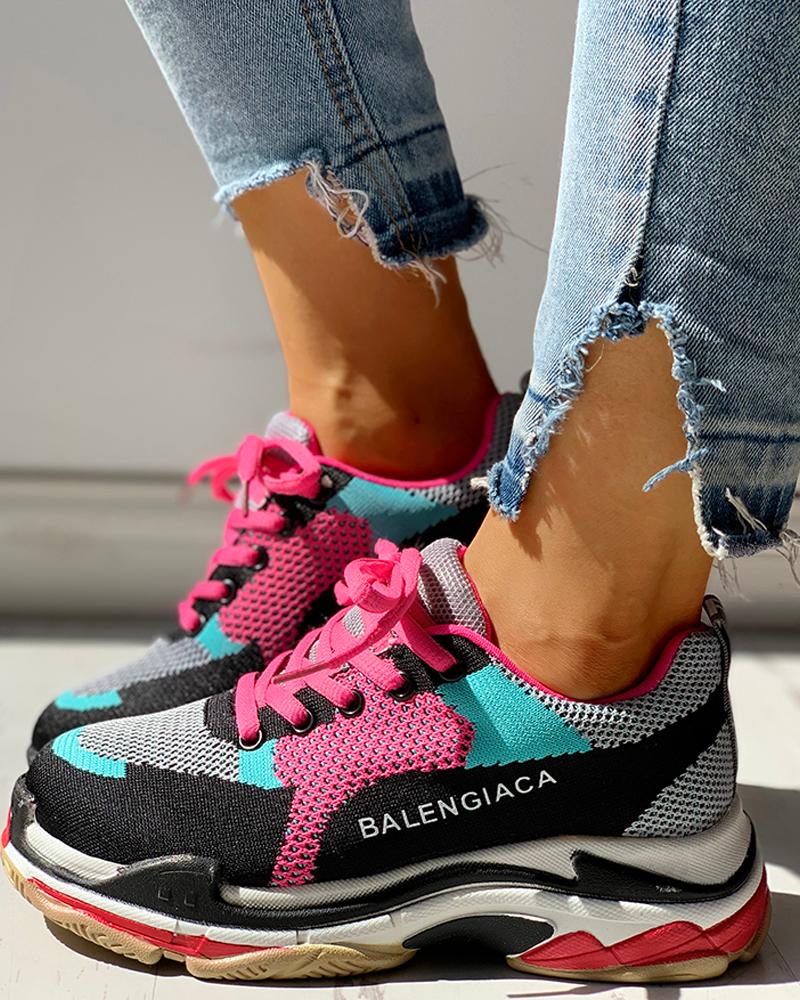 

Letter Print Knitted Breathable Colorblock Lace-Up Sneakers, Multicolor