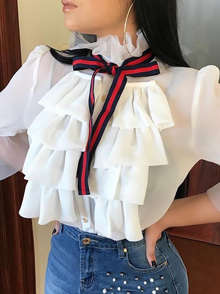 

Layered Ruffles Bow Tied Flared Sleeve Blouse, White