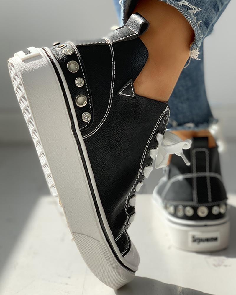 

Eyelet Detail Lace-Up Casual Sneakers, Black