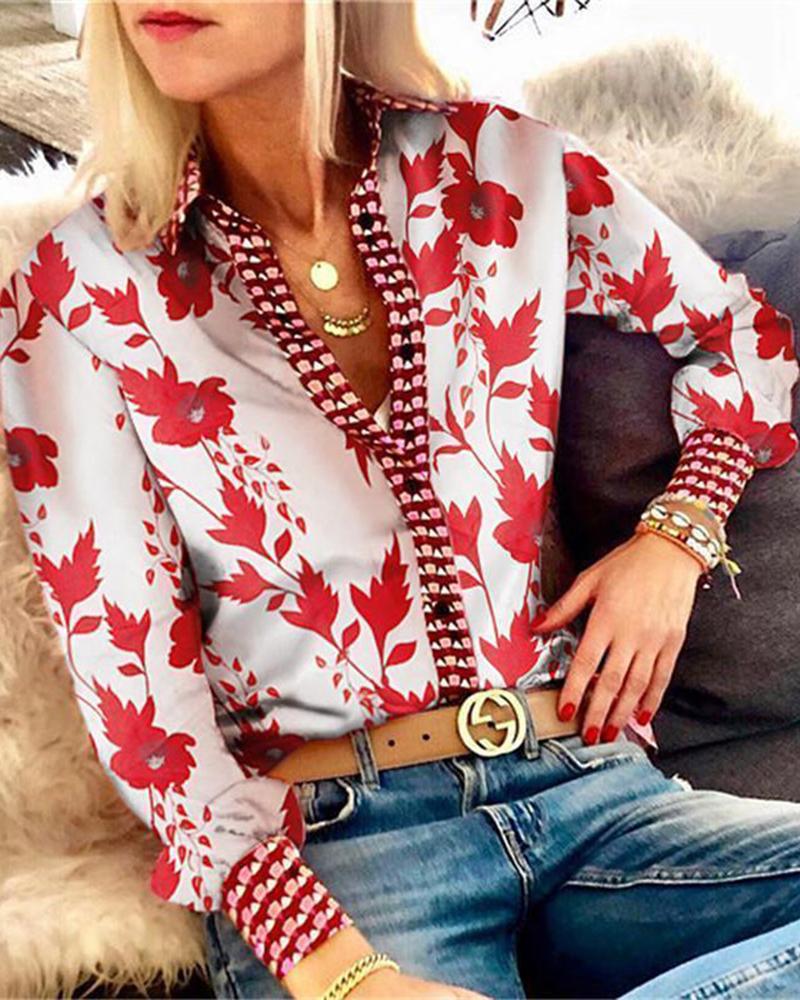 

Leaf Print Button Up Long Sleeve Shirt, White