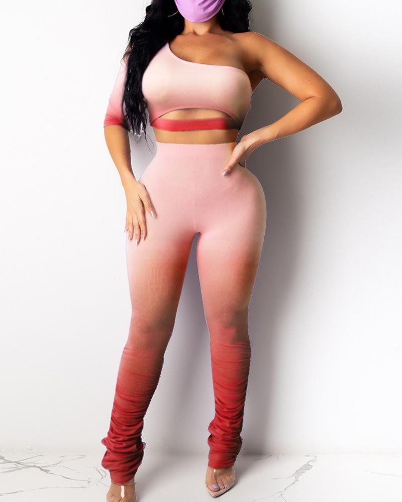 

Gradient Color One Shoulder Top & Pant Set, Red