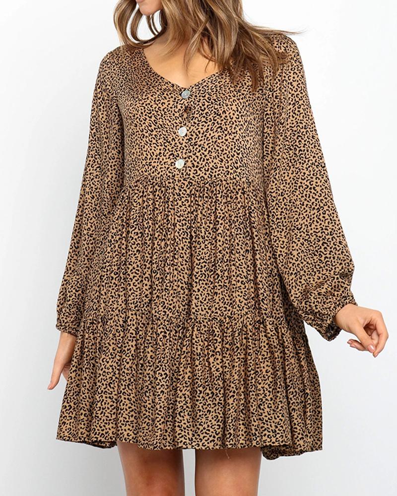 

Leopard Bloomer Sleeve Loose Doll Dress, Khaki