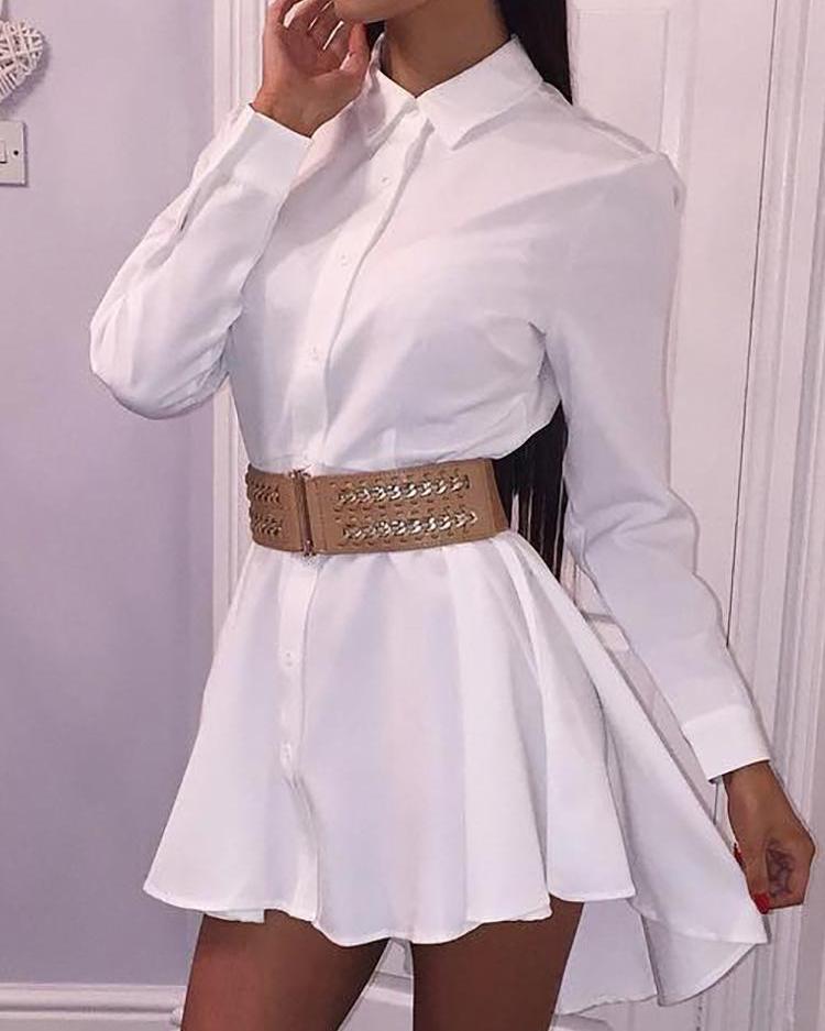 

Solid Long Sleeve Dip Hem Shirt Dress, White