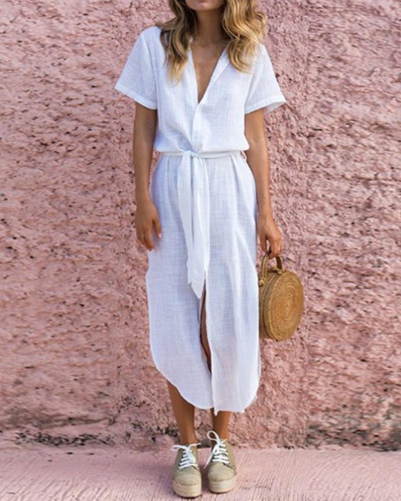 

Solid Tie Waist Shirt Dress, White