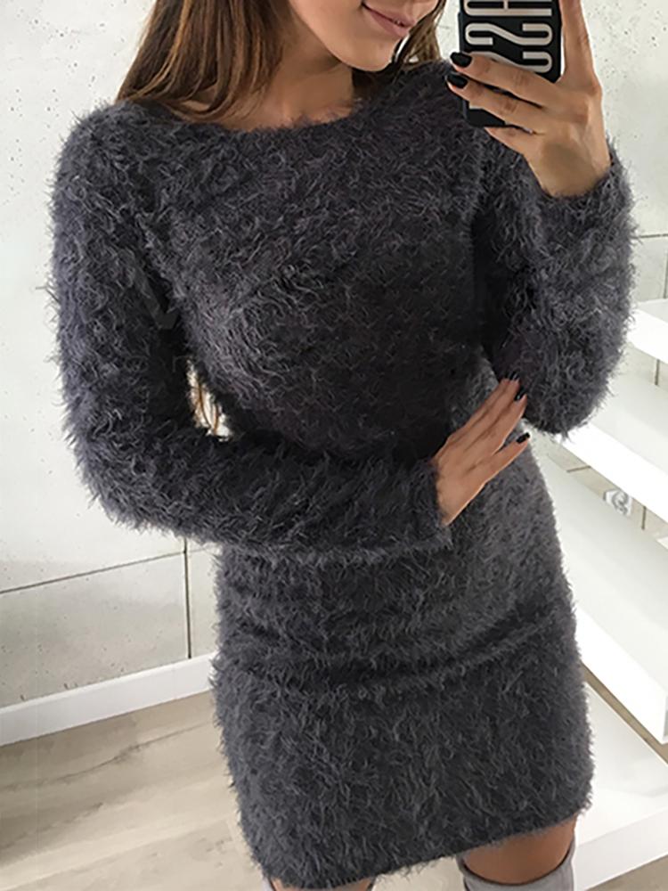 

Trendy Plain Fluffy Long Sleeve Bodycon Dress - Gray