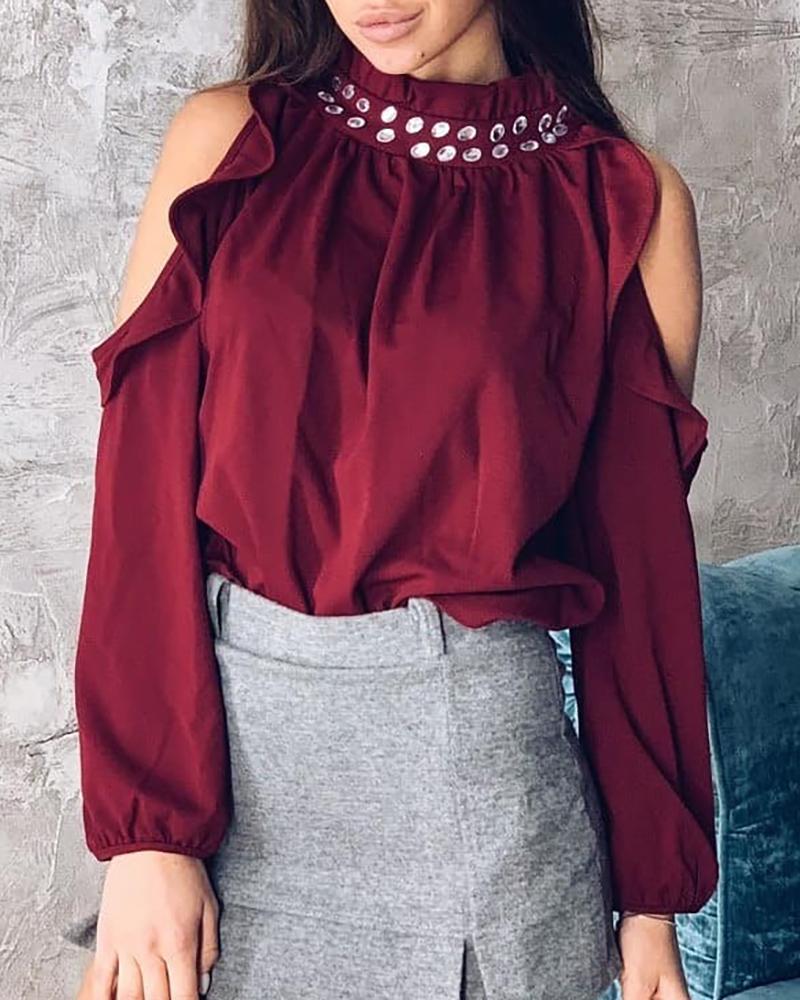 

Cold Shoulder Diamond Embellished Casual Blouse, Dark red