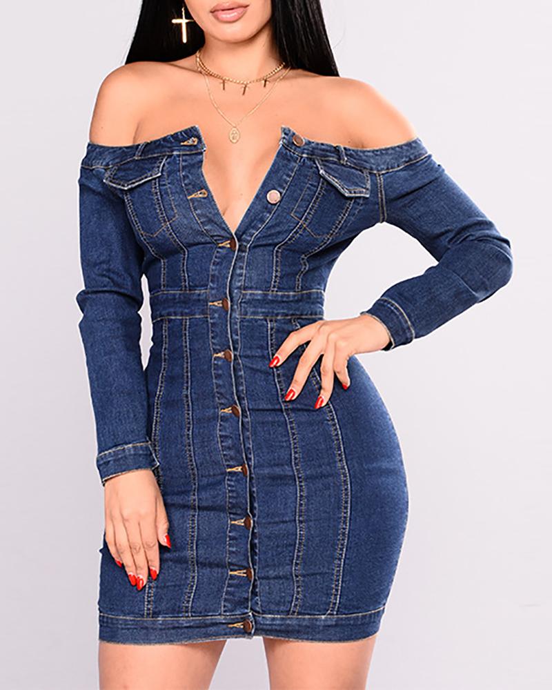

Off Shoulder Denim Buttoned Dress, Blue
