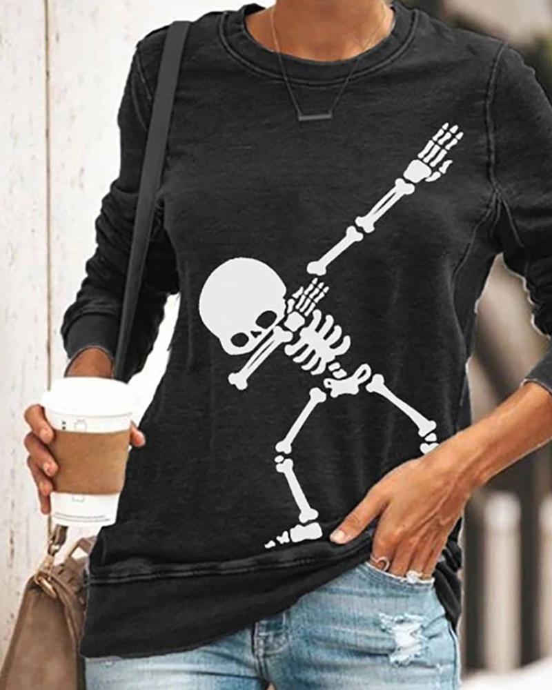 

Halloween Skull Print Long Sleeve Casual Top, Black