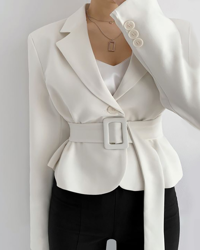 

Button Design Blazer Coat With Belt, White