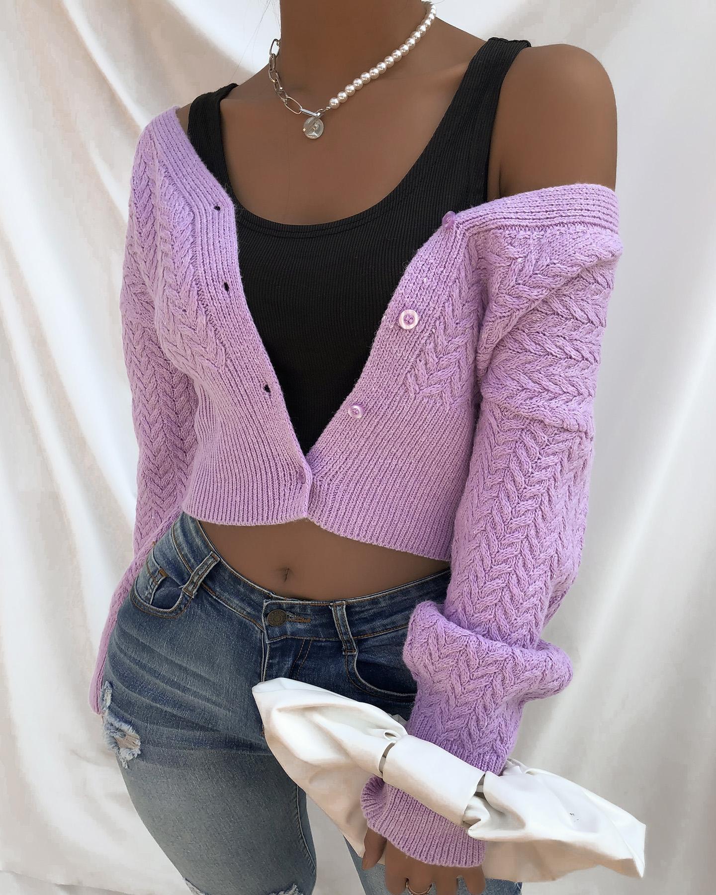 

Plain Long Sleeve Button Design Cable Knit Cardigan, Purple