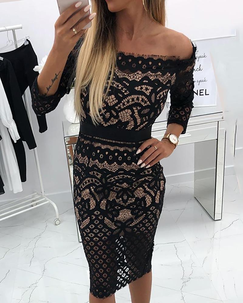 

Off Shoulder Eyelash Lace Bodycon Dress, Black