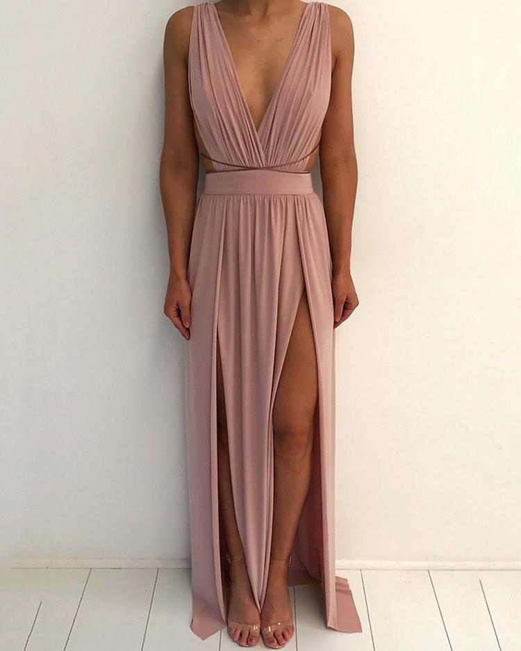 

Deep V Neck Strappy Open Back High Slit Maxi Dress, Gray;purplish blue