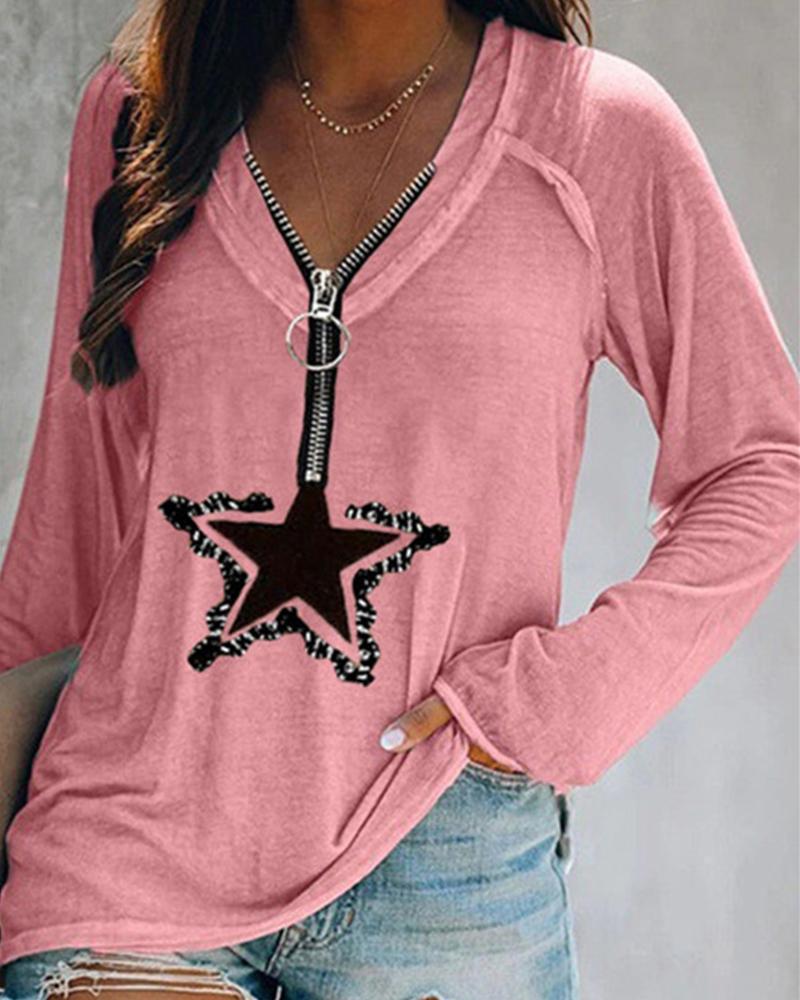 

Star Print Long Sleeve Splicing Zipper Blouse, Pink