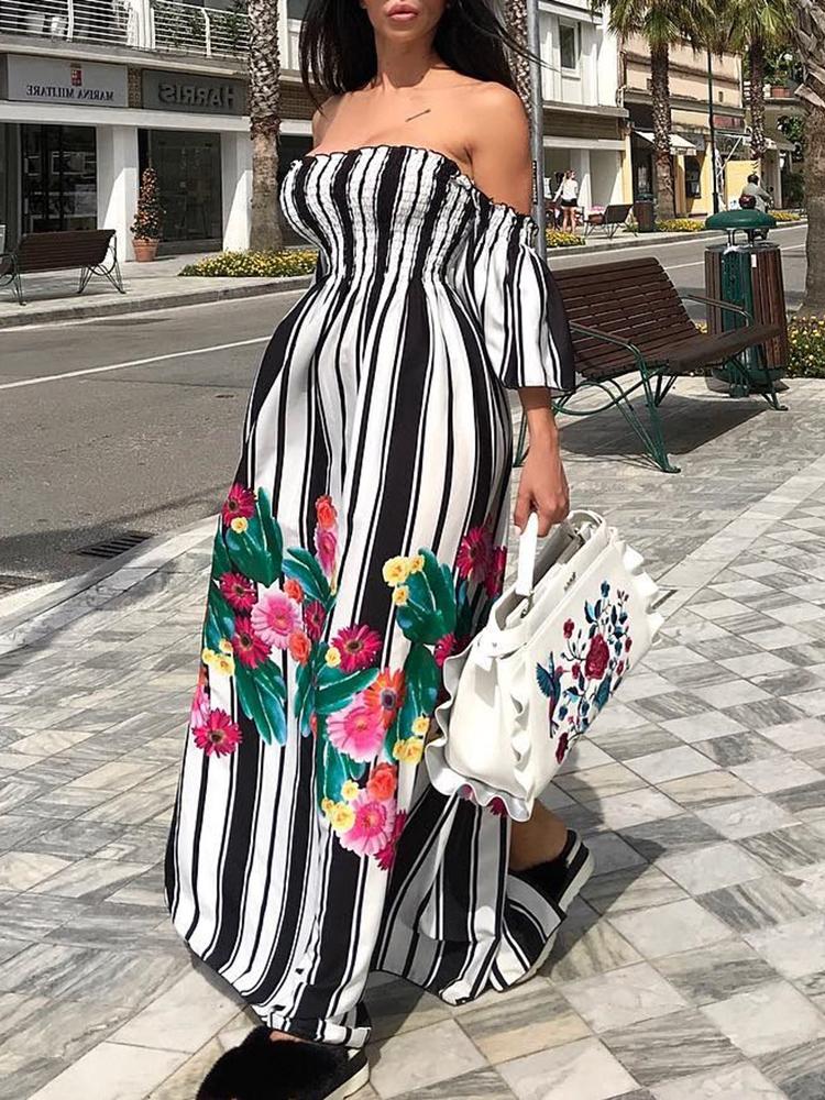 

Floral & Striped Print Shirring Maxi Dress, Black