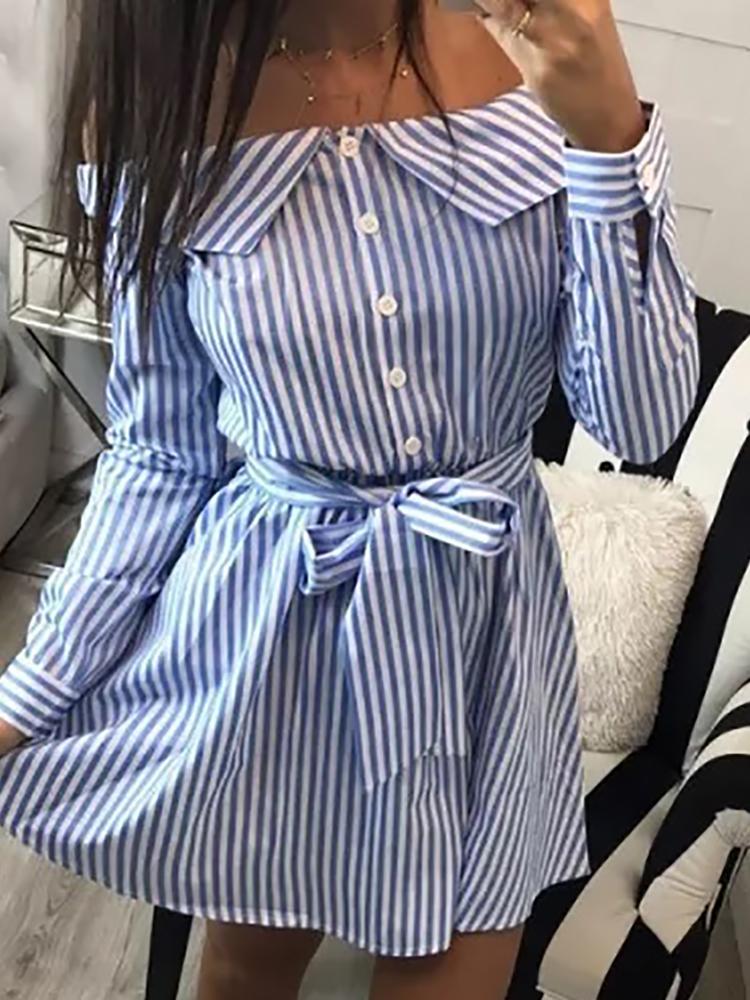 

Off Shoulder Striped Self Belted Shirt Dress, Blue