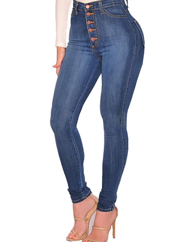 

Button Fly High Waist Skinny Jeans, Blue