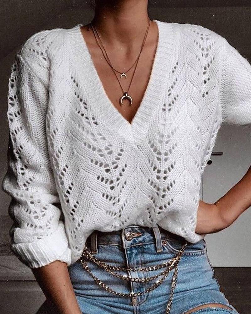 

Solid Eyelet Hollow Out Casual Sweater, White