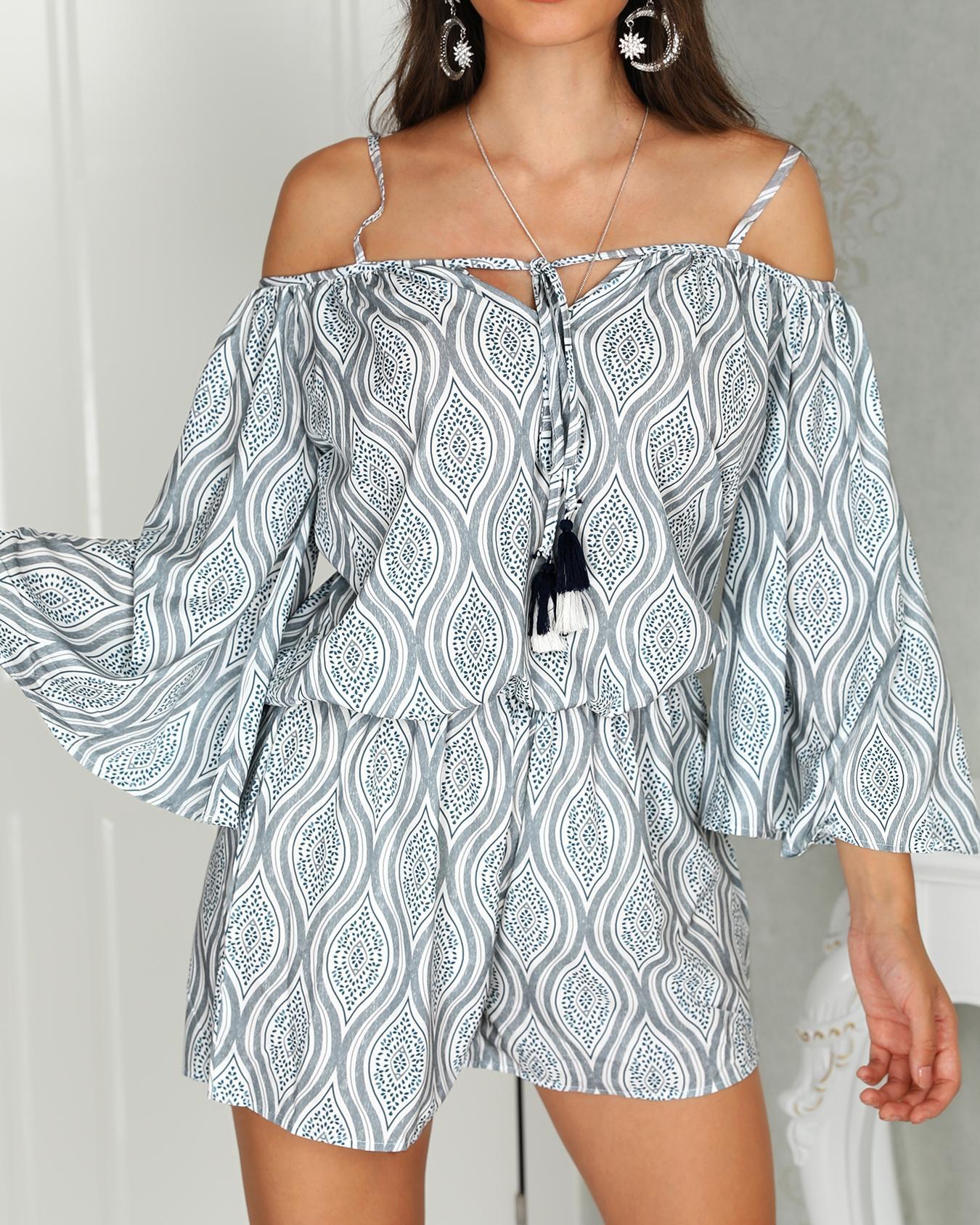 

Ethnic Print Cold Shoulder Flared Sleeve Rompers