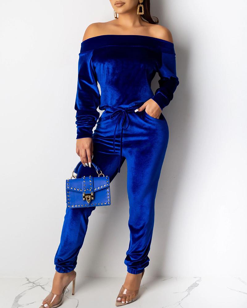 

Solid Off Shoulder Long Sleeve Top & Drawstring Pants Sets, Blue