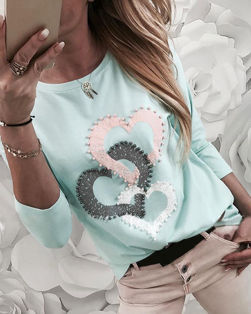 

Beaded Heart Print Round Neck Long Sleeve T-shirt