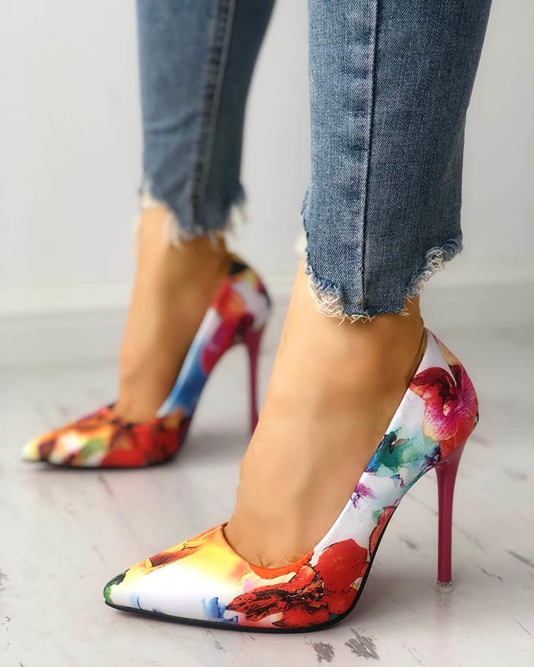 

Floral Print Pointed Toe High heels, Pink