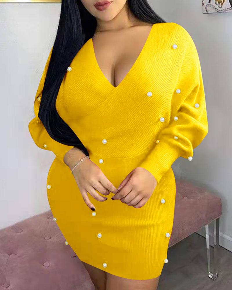 

Beaded V-Neck Bodycon Sweater Dress, Yellow