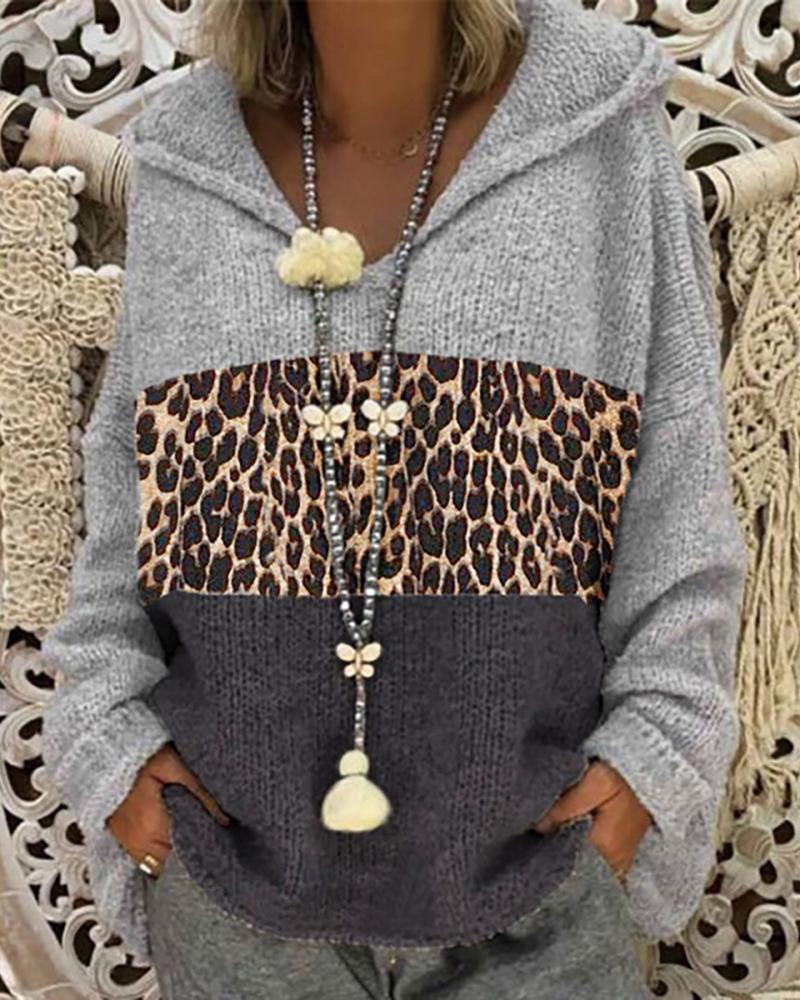 

Cheetah Colorblock Knit Hooded Sweater, Gray