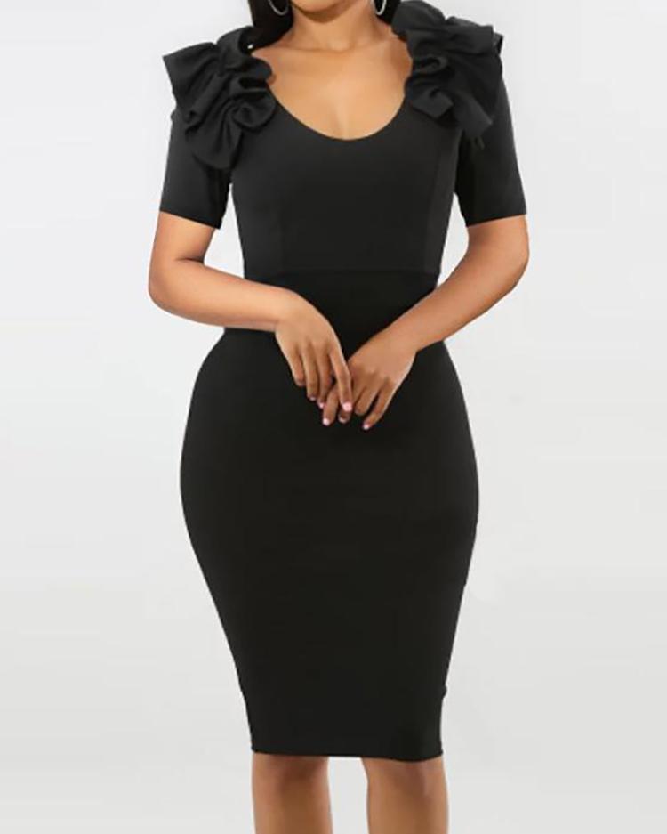 

Ruffle Shoulder Zip Up Back Midi Dress, Black