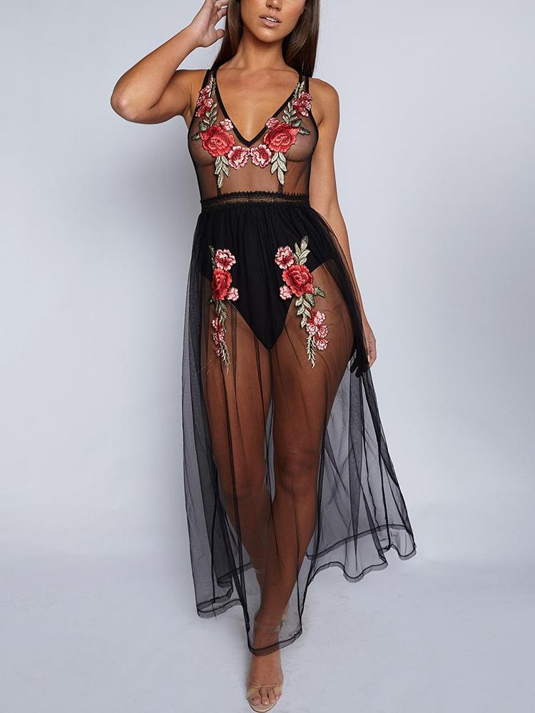 

Sexy Mesh V-Neck Embroidery Cover Ups, Black