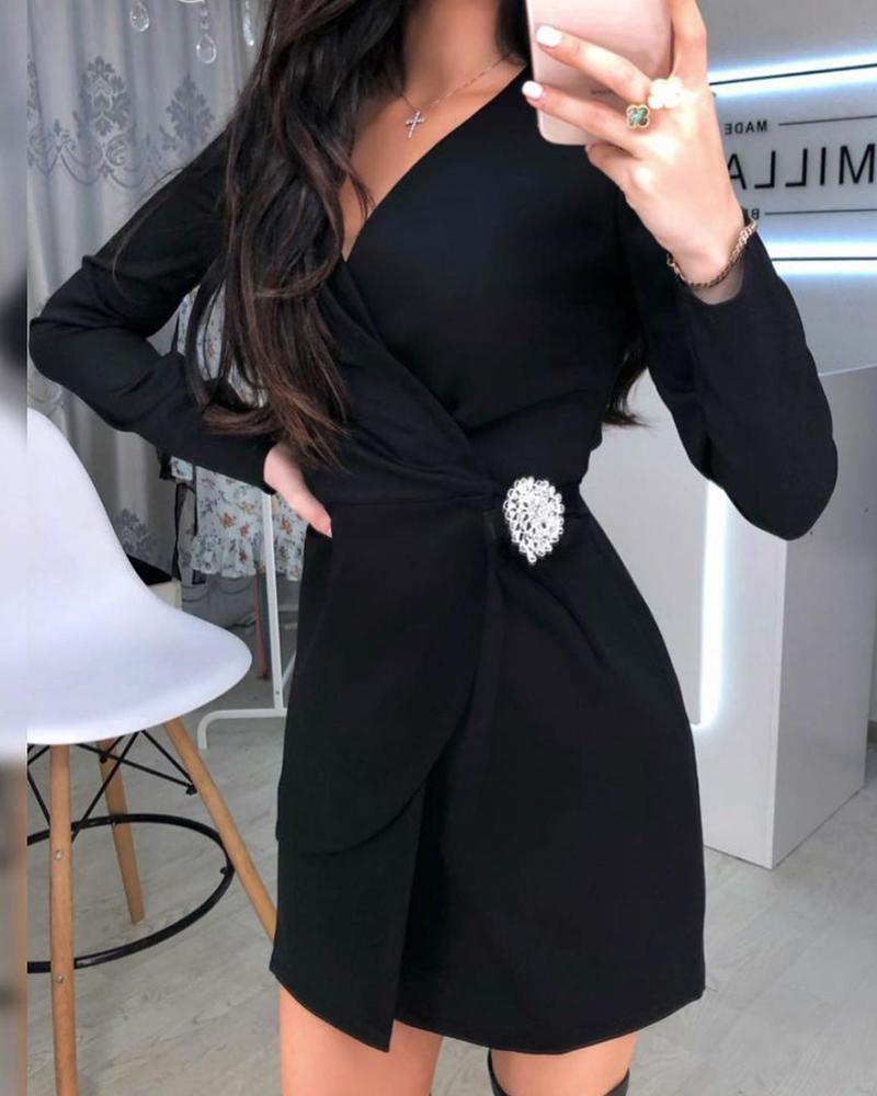 

Solid Long Sleeve Skinny Waist Dress, Black