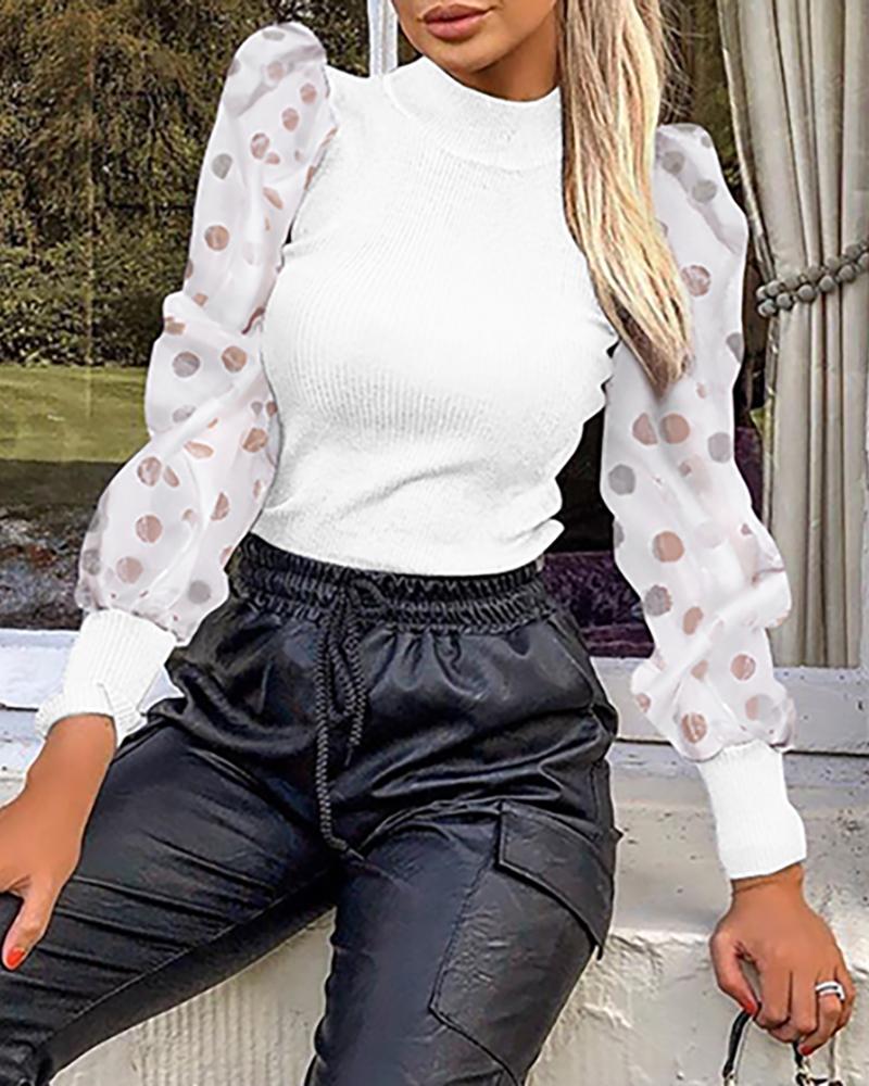 

Mock Neck Polka Dot Puff Sleeve Mesh Insert Ribbed Blouse, White