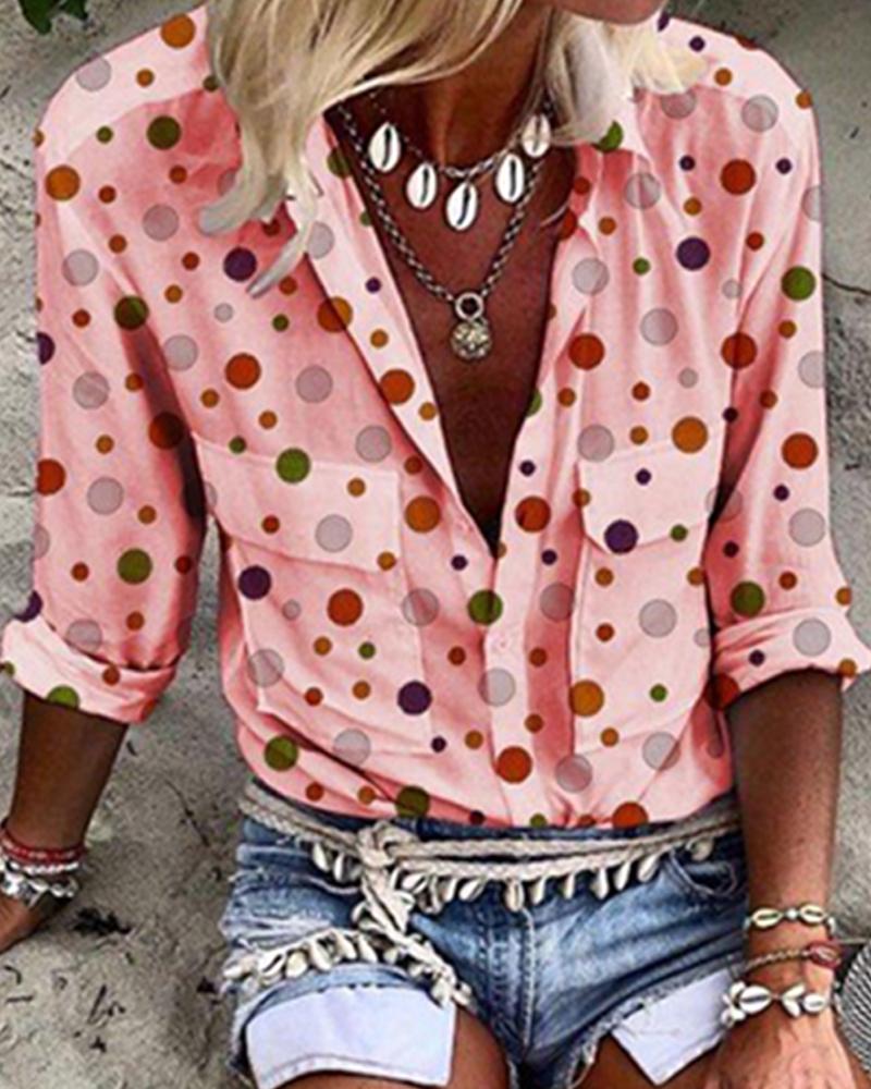 

Double Pockets Dot Print Shirt, Pink