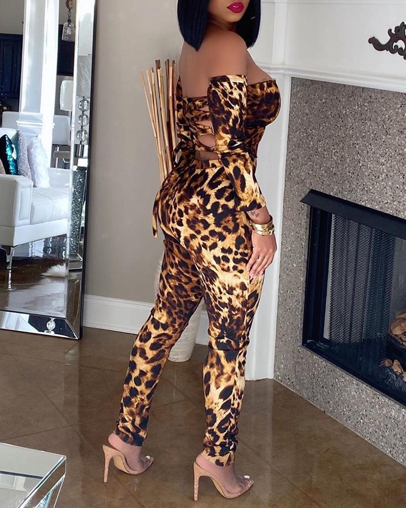 

Leopard Backless Lace-Up Off Shoulder Jumpsuit