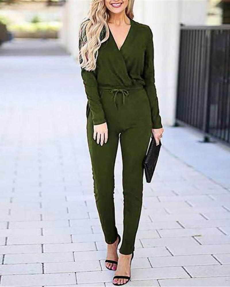 

Solid Drawstring Design Casual Jumpsuit, Green