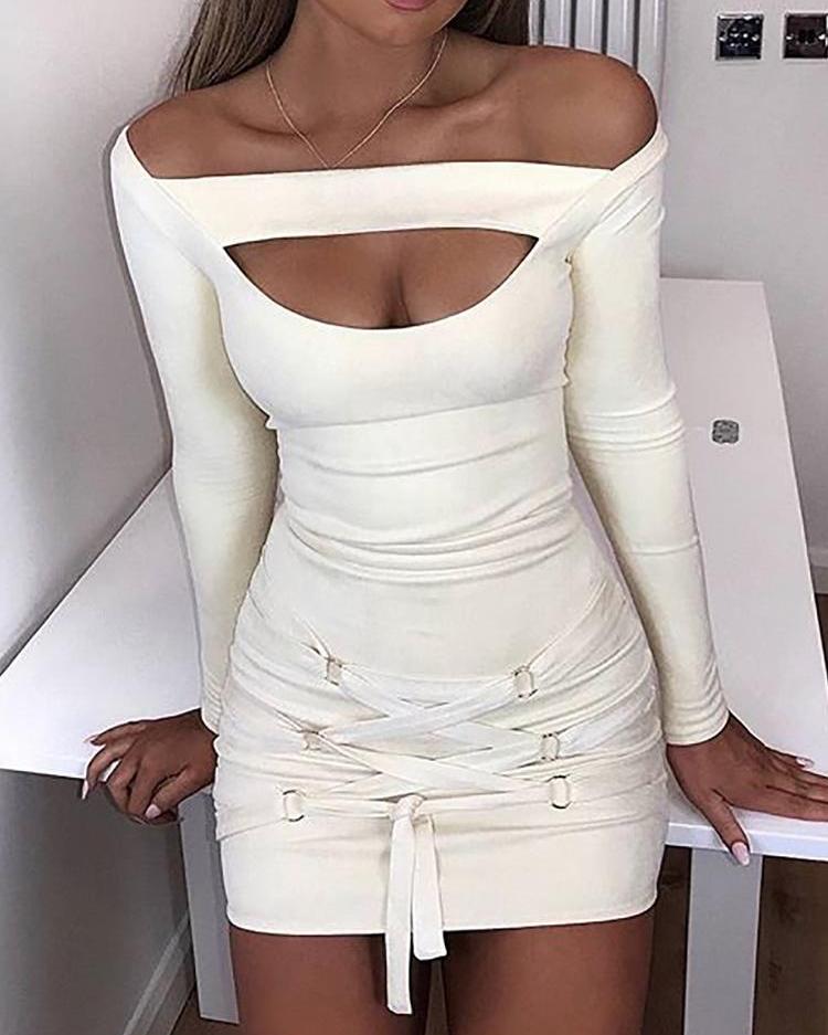 

Off Shoulder Cutout Lace-Up Bodycon Dress, White
