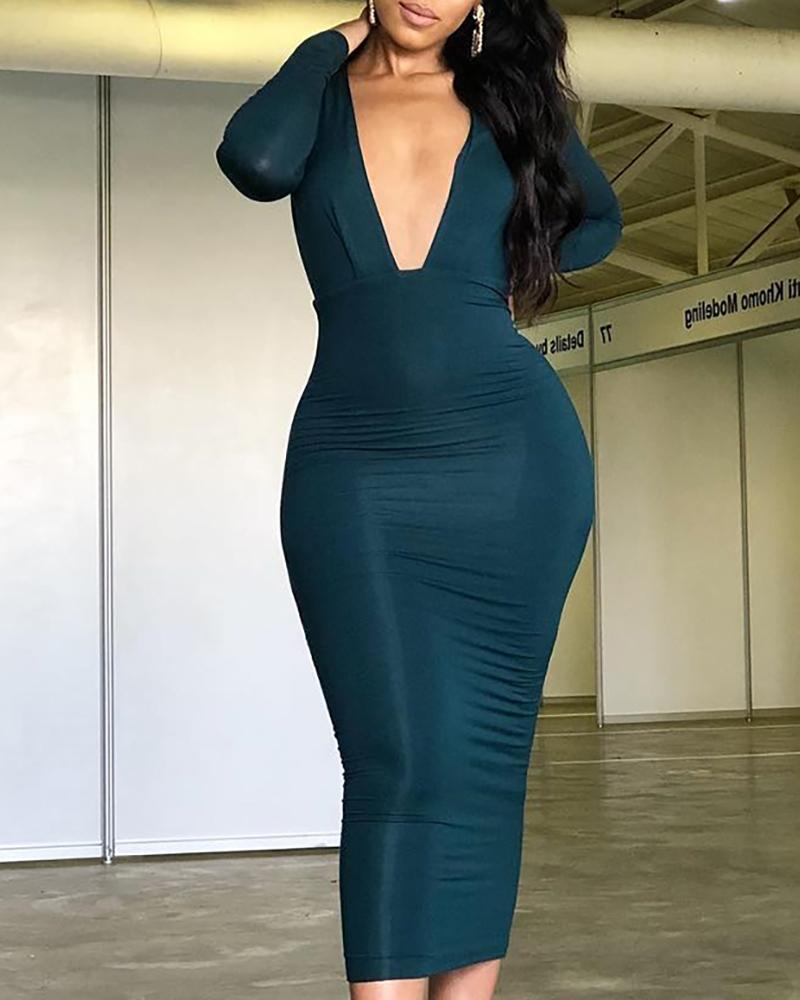 

Solid Plunge Long Sleeve Bodycon Dress, Dark green