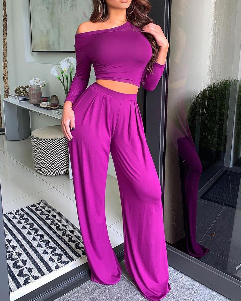 

Solid Color Long Sleeve Pant Sets, Purple