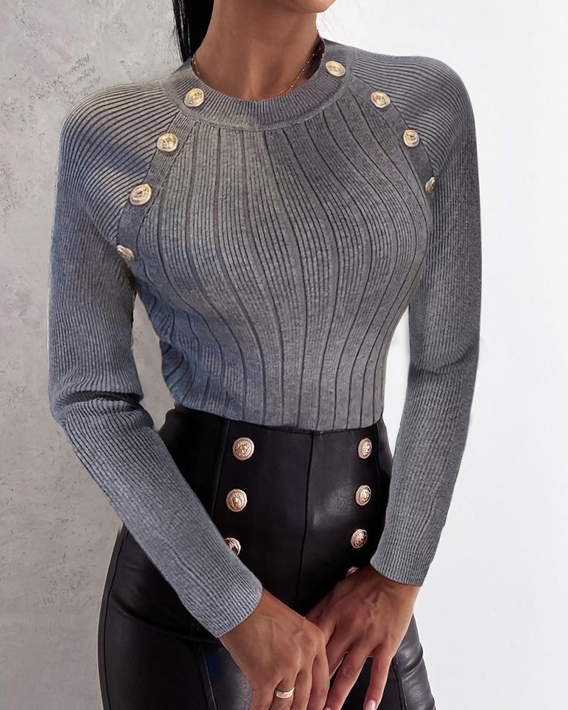 

Button Design Long Sleeve Casual Sweater, Gray