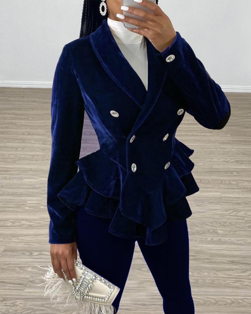 

Double Breasted Velvet Ruffle Blazer & Skinny Pants, Blue