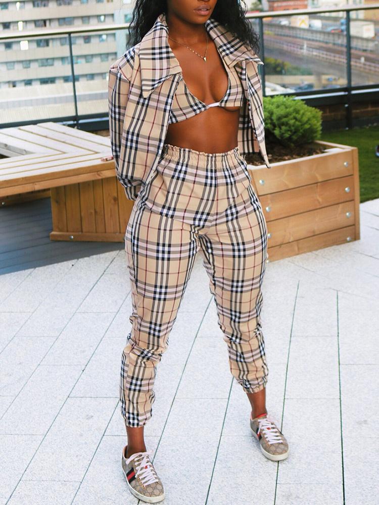 

3PCS Plaid Print Bra Top & Jacket & Pants Sets