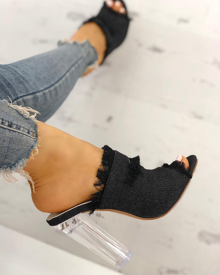 

Denim Frayed Design Chunky Heeled Sandals, Black