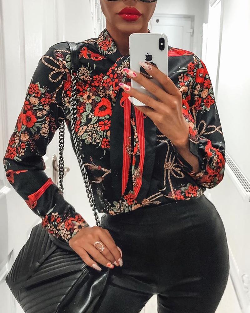 

Floral Scarf Neck Casual Blouse, Black