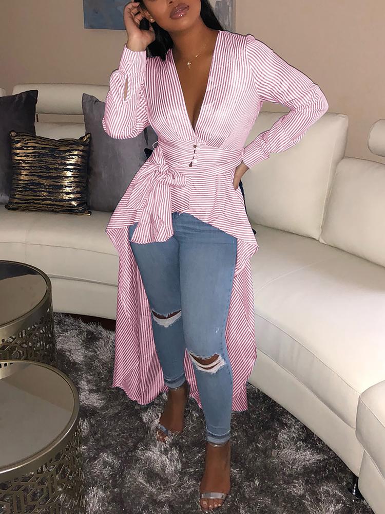 

Plunge Tie Waist Striped Dip Hem Irregular Blouse