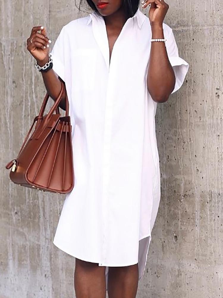 

Roll-Up Short Sleeve Irregular Button Shirt Dress, White