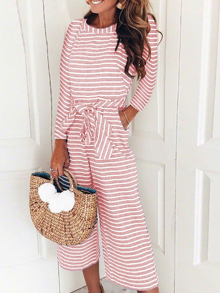

Striped Long Sleeve Tied Waist Pocket Jumpsuits, Pink