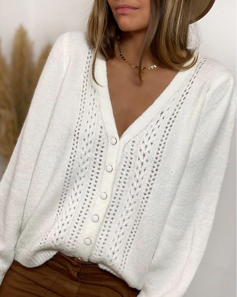 

Hollow Out Buttoned Long Sleeve Sweater, White